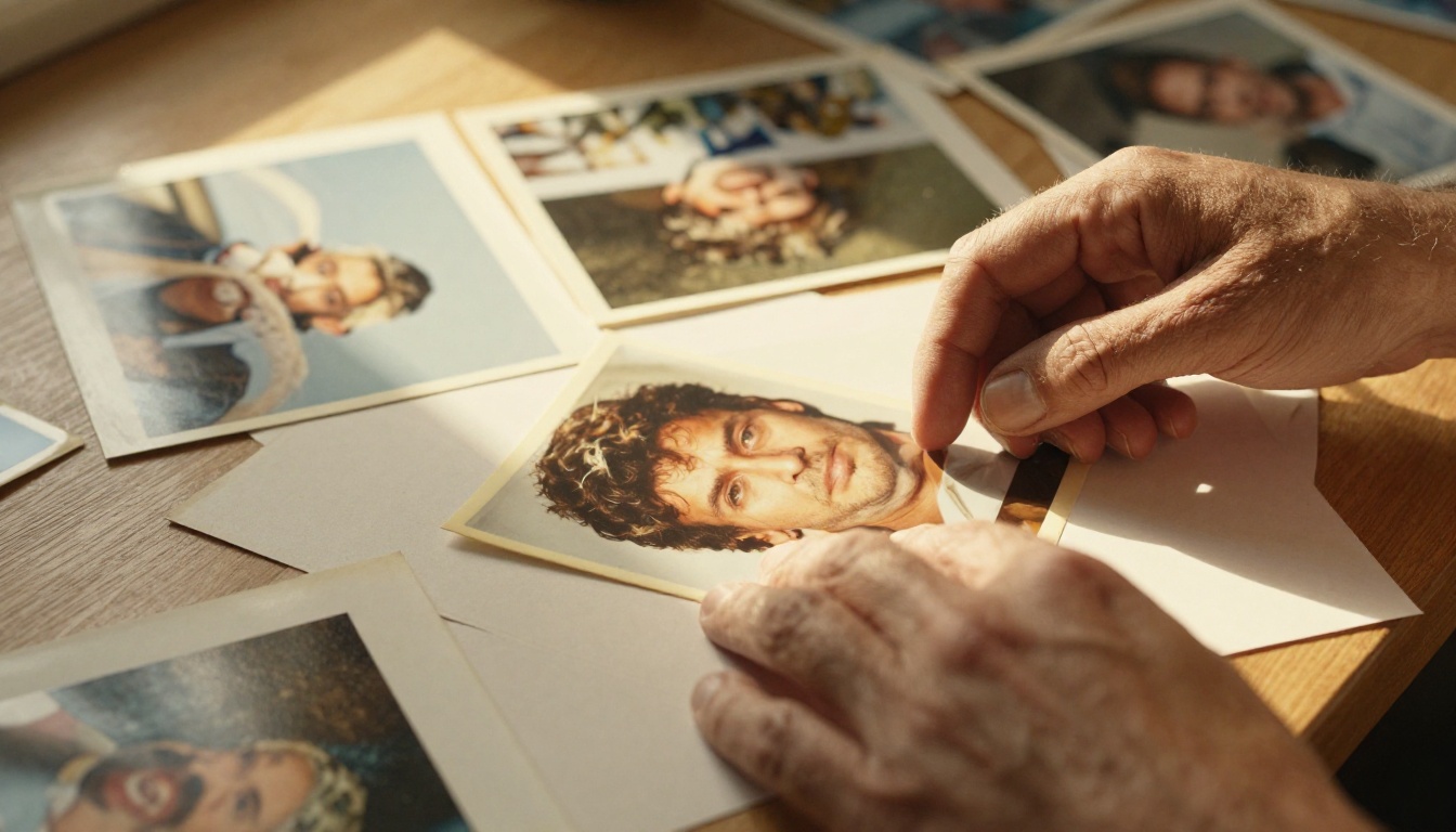 Researcher sorting printed photographs on an oak desk in warm afternoon light