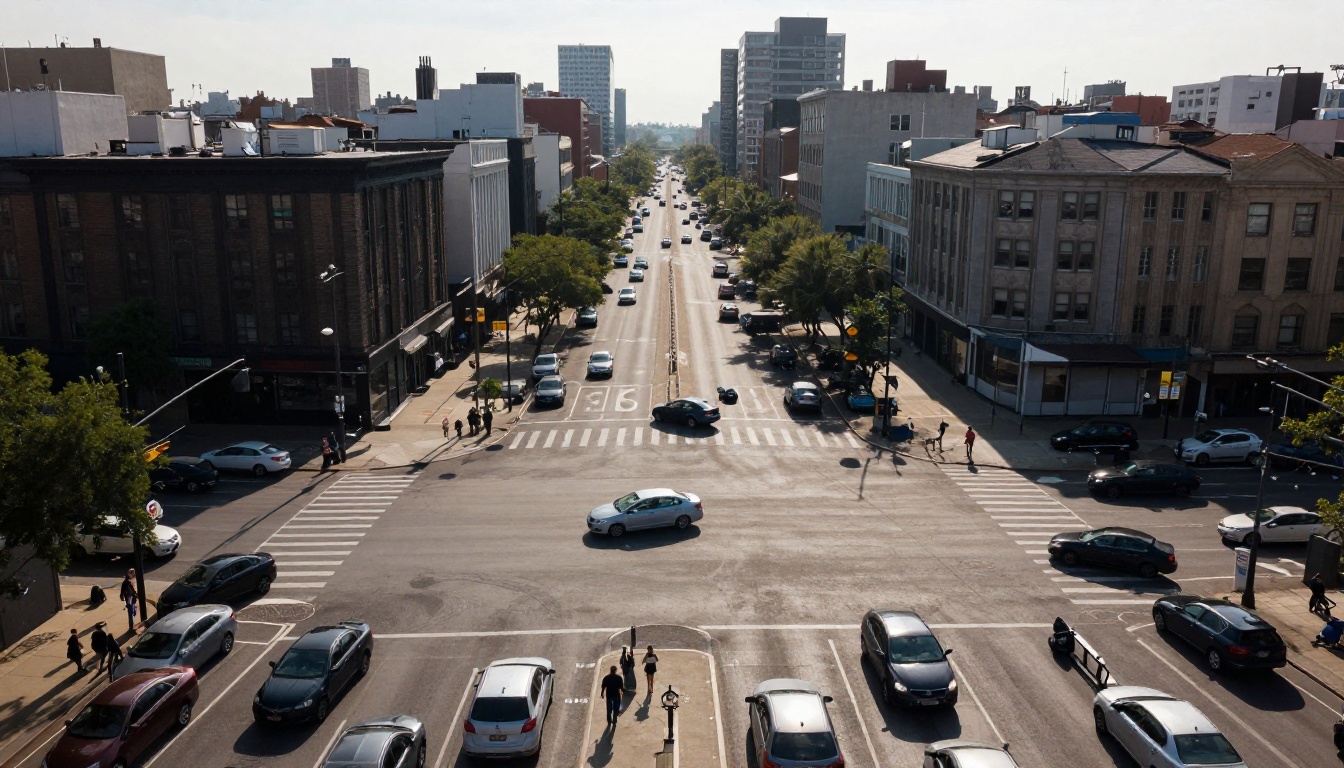 Aerial overhead shot of a dense urban intersection at midday