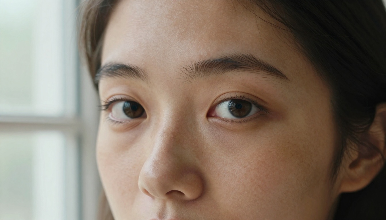 Close-up portrait of a woman in natural diffused daylight, freckled skin, direct eye contact