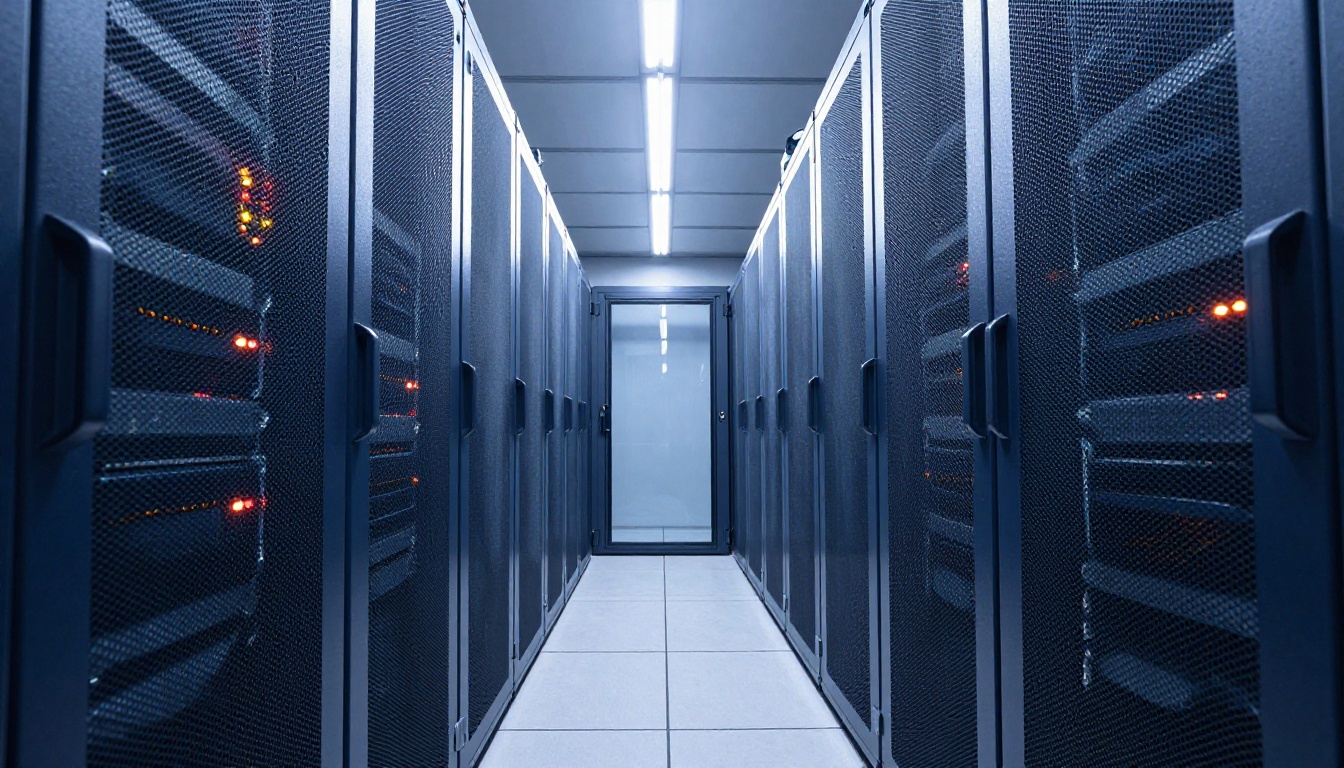 Long server room corridor, low-angle perspective shot with converging rack rows