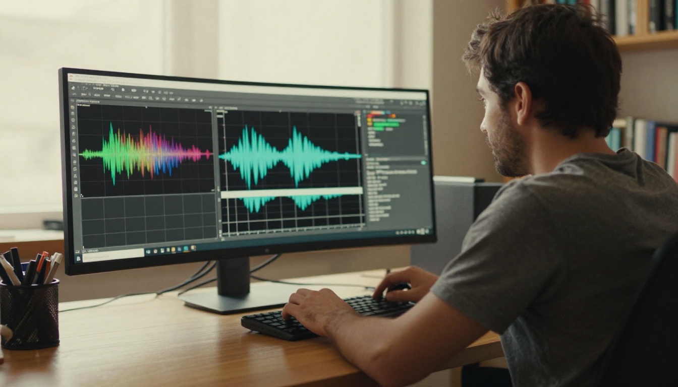 Man at wooden desk studying waveform visualizations on a monitor