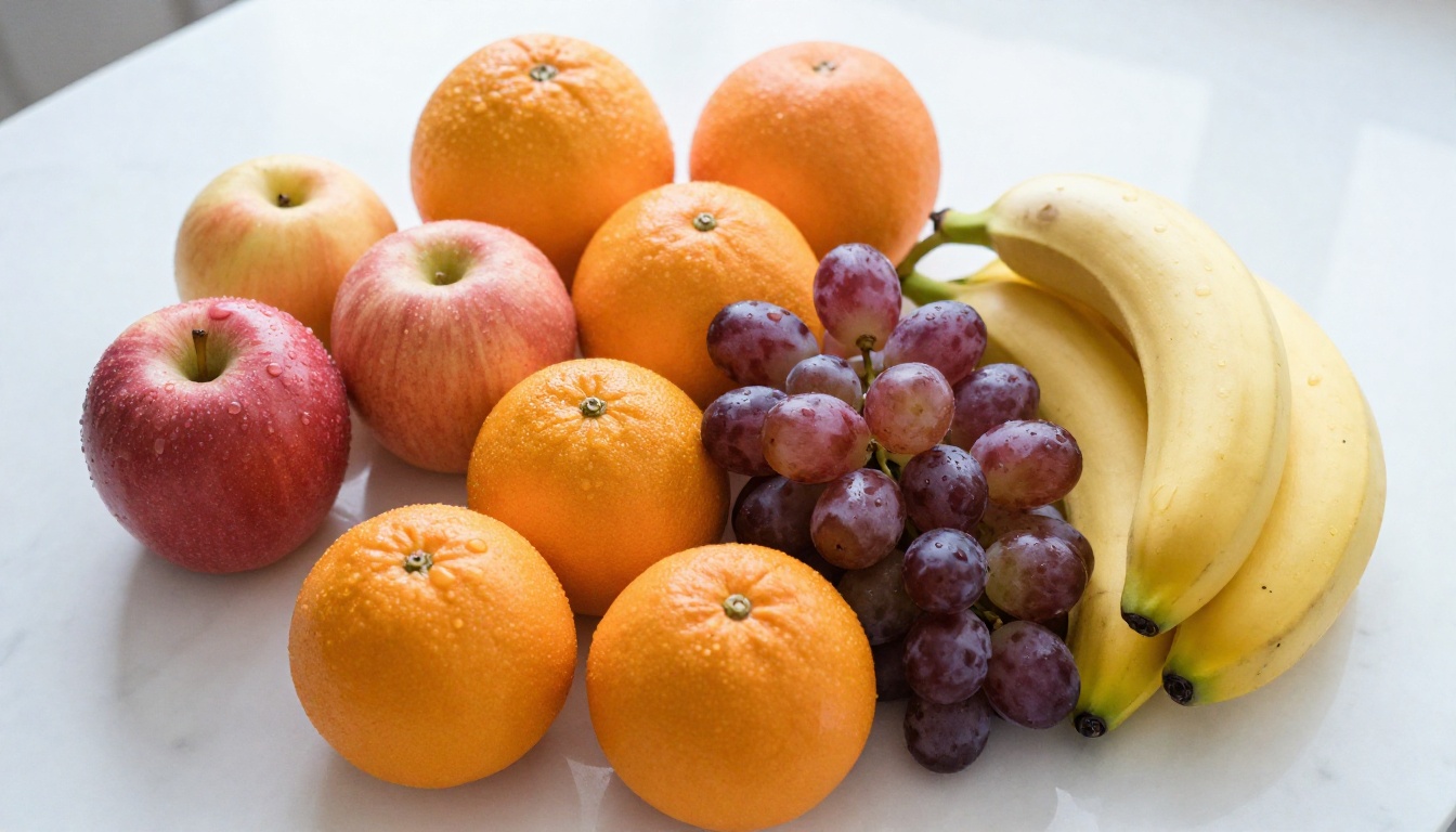 Colorful fresh fruit arranged on white marble counter, overhead shot