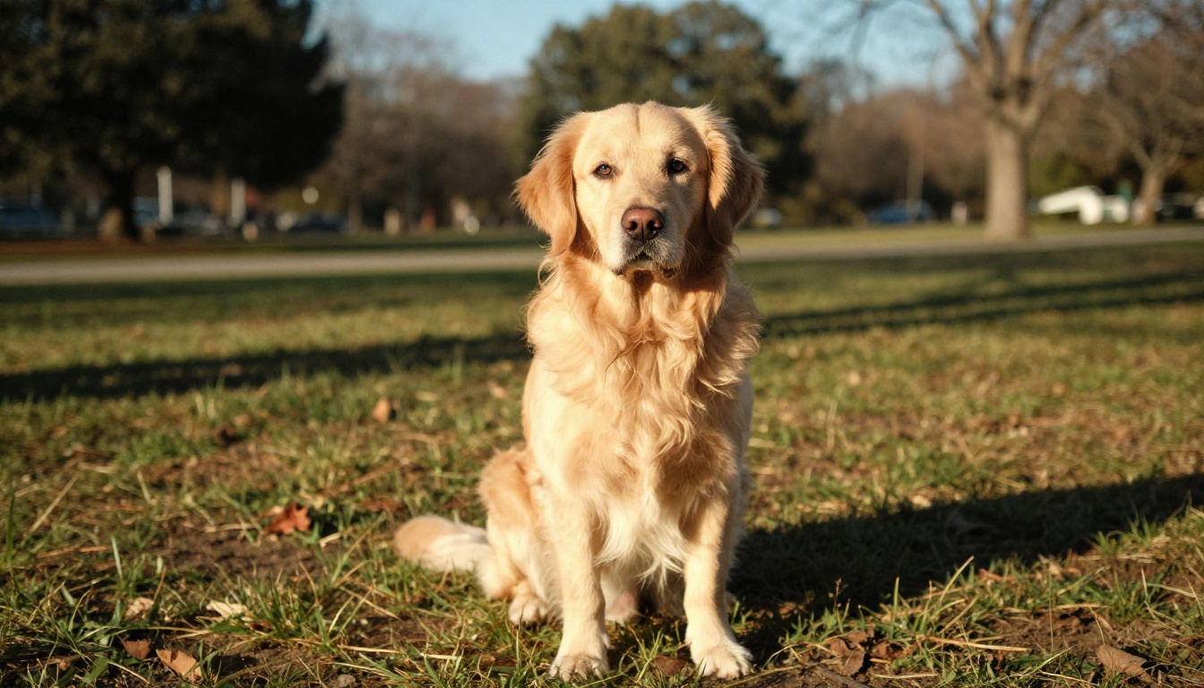 Golden retriever in morning golden-hour light, park setting, sharp fur detail