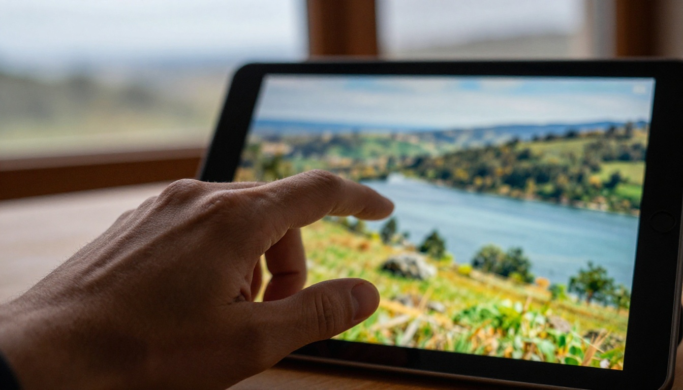 Human hand reaching toward tablet screen displaying landscape photograph