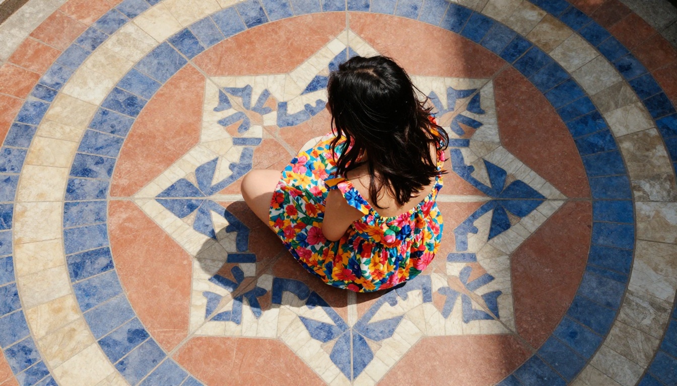 Aerial composition showing color harmony across warm terracotta mosaic tiles