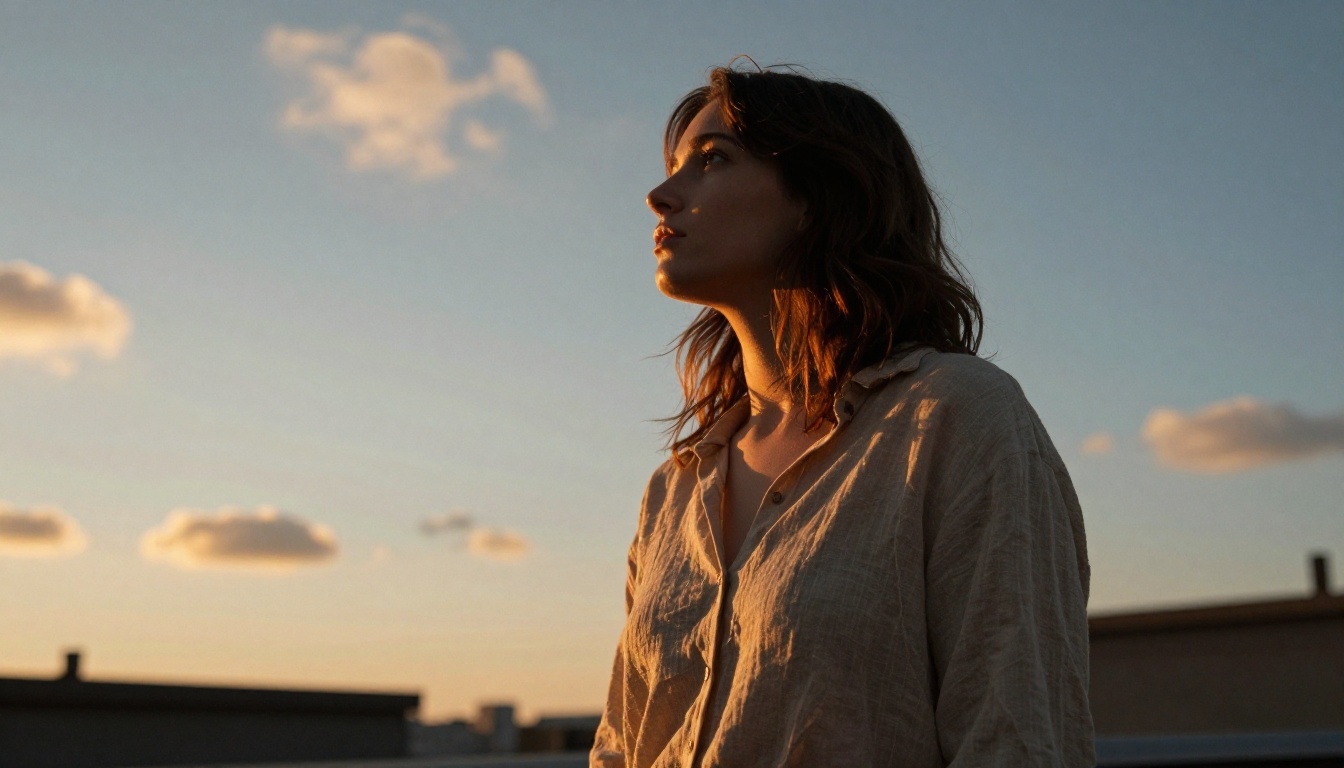 Directional golden hour lighting creating natural rim shadows on a rooftop scene