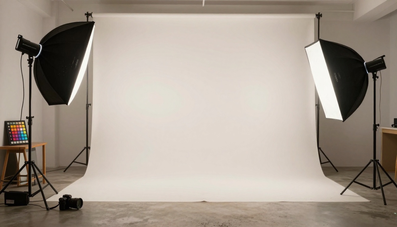 Professional photography studio interior with natural color balance across the scene