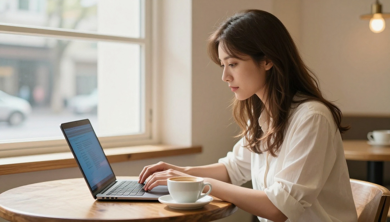 Warm and cool color split on a woman's face in a sunlit cafe with laptop screen reflection