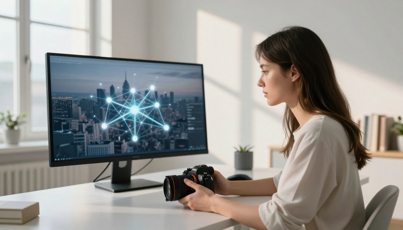 Woman at desk studying a neural network diagram displayed on a curved monitor with city skyline data