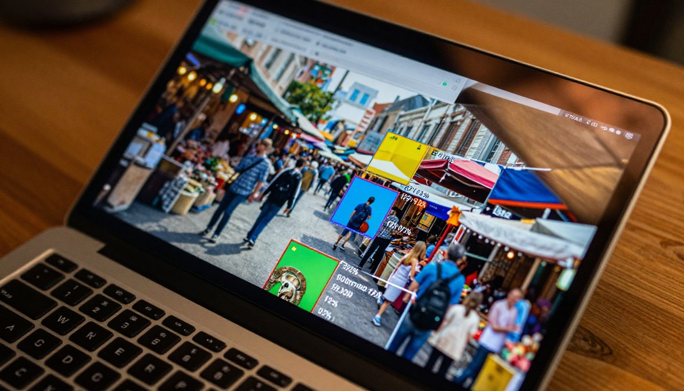 Laptop screen displaying colorful bounding boxes highlighting detected objects in a street market photo with confidence scores