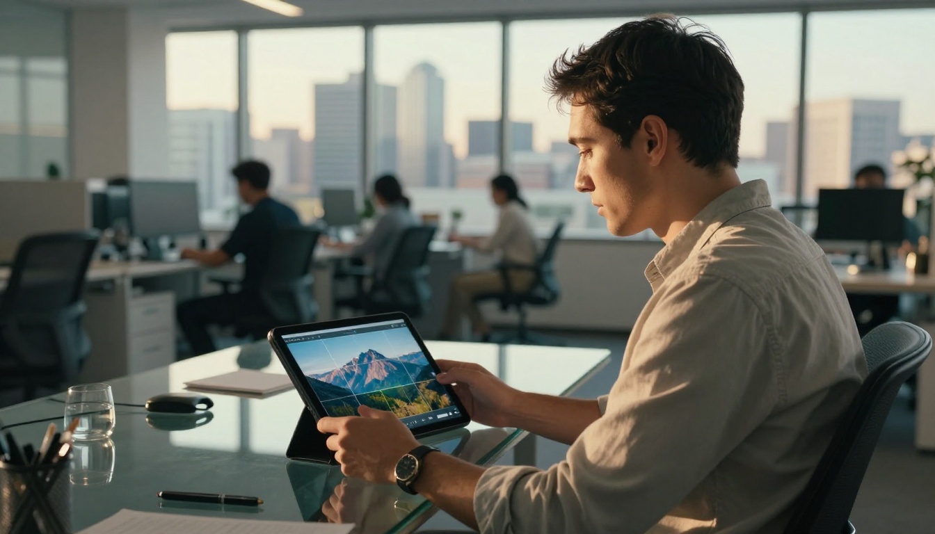 Man at a glass desk holding a tablet with a semi-transparent AI grid overlay analyzing a mountain landscape photo
