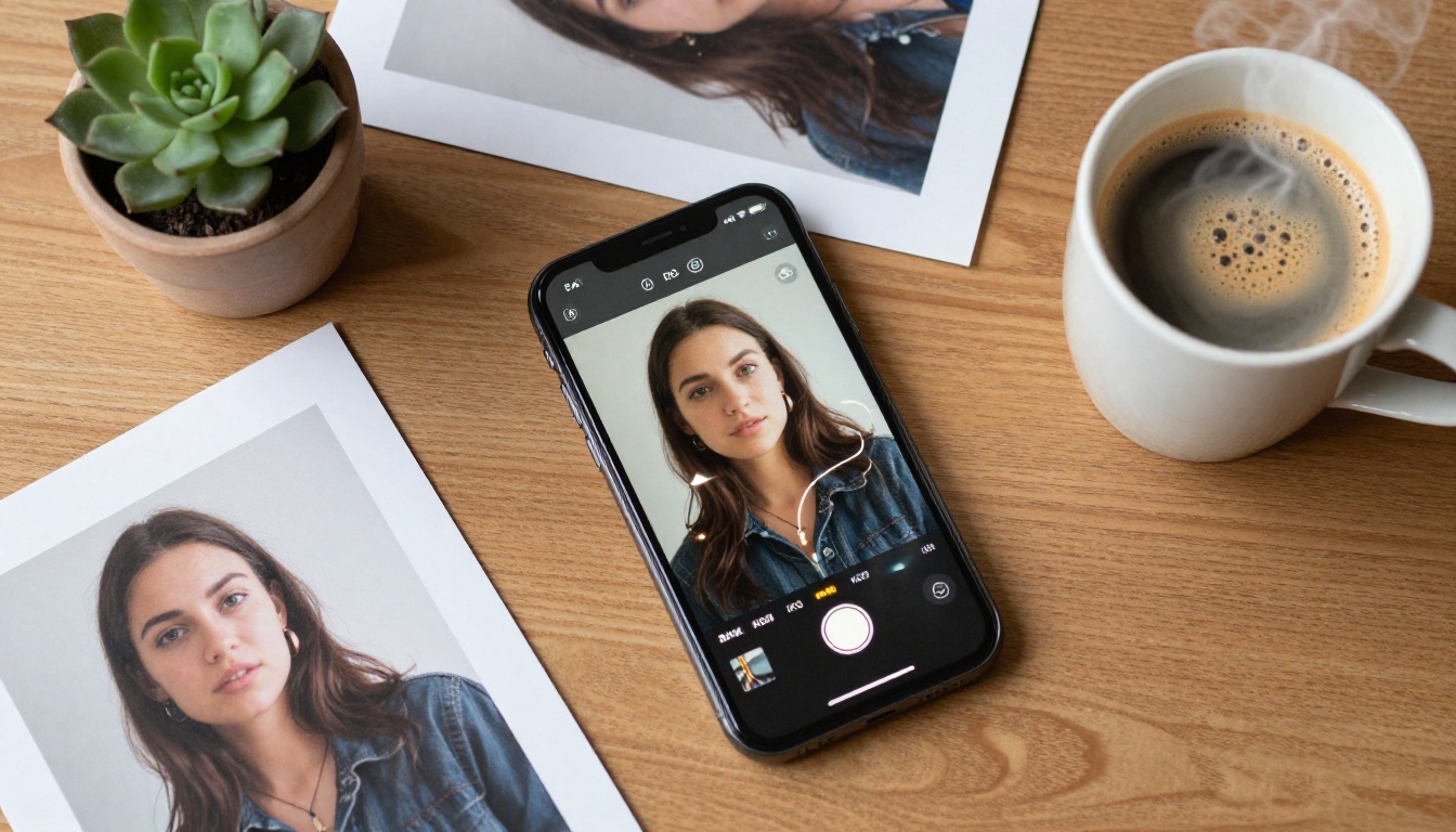 Overhead flat-lay of a wooden desk with a smartphone showing AI photo annotations surrounded by printed photos, a coffee cup, and a small plant