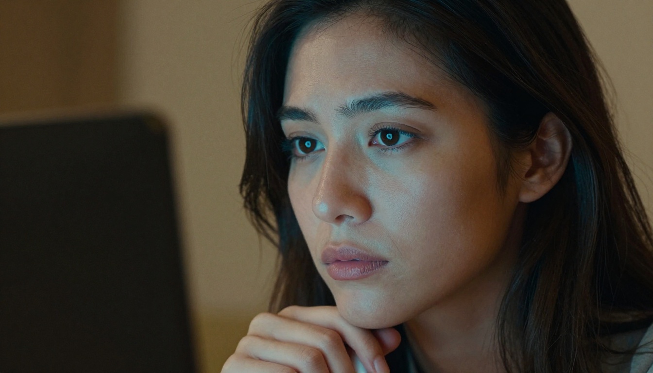 Close-up portrait of a woman with screen light illuminating her face from the left side in a warm-cool split tone, holding a stylus near her chin