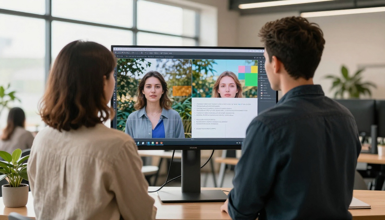 Two people in a bright co-working space examining a split-screen AI photo comparison on a wall-mounted monitor