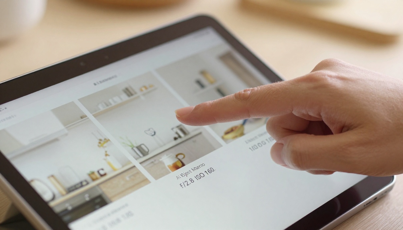 Finger pointing at a tablet screen with AI object recognition labels floating above kitchen items in clean sans-serif font