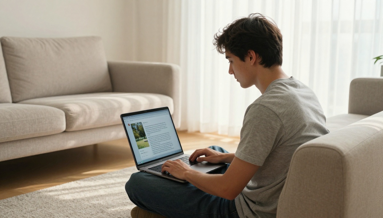 Young man sitting cross-legged on a sofa with a laptop showing an AI chat interface responding to an uploaded park scene photo