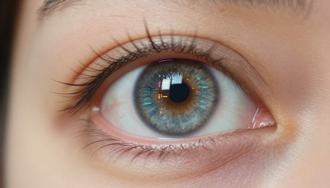 Close-up macro of a human eye with intricate iris texture reflecting a colorful digital data grid pattern, natural skin detail and sharp eyelashes