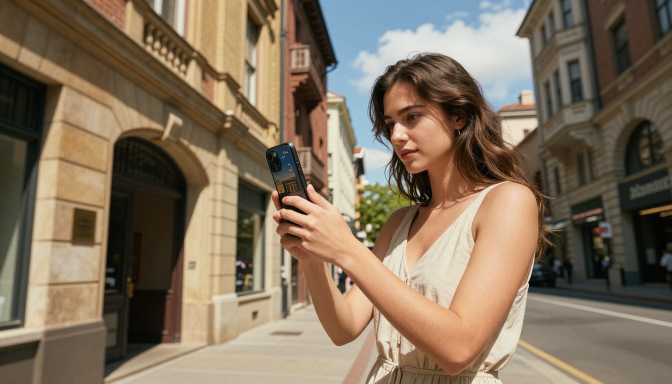 Young woman on a sun-drenched city street holding her smartphone up with a live AI vision overlay showing architectural element labels on the building behind her