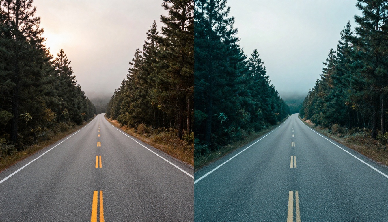 Cinematic color grading comparison showing flat log vs graded footage