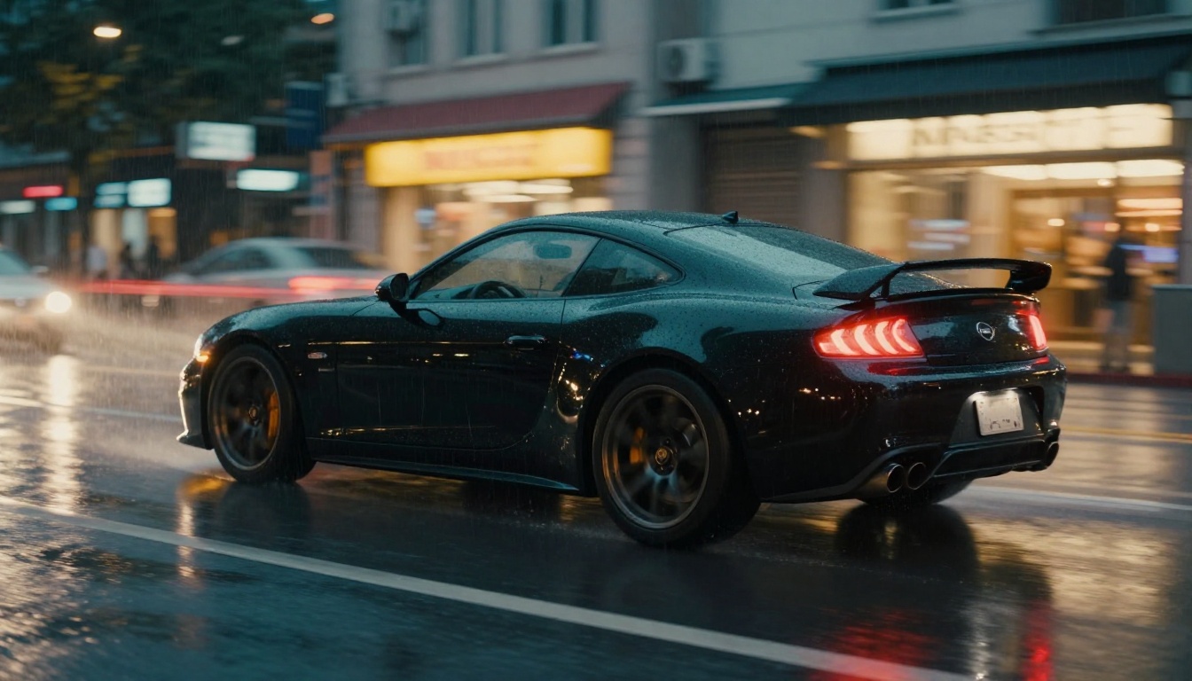 Black sports car with natural motion blur on rain-slicked urban street at dusk