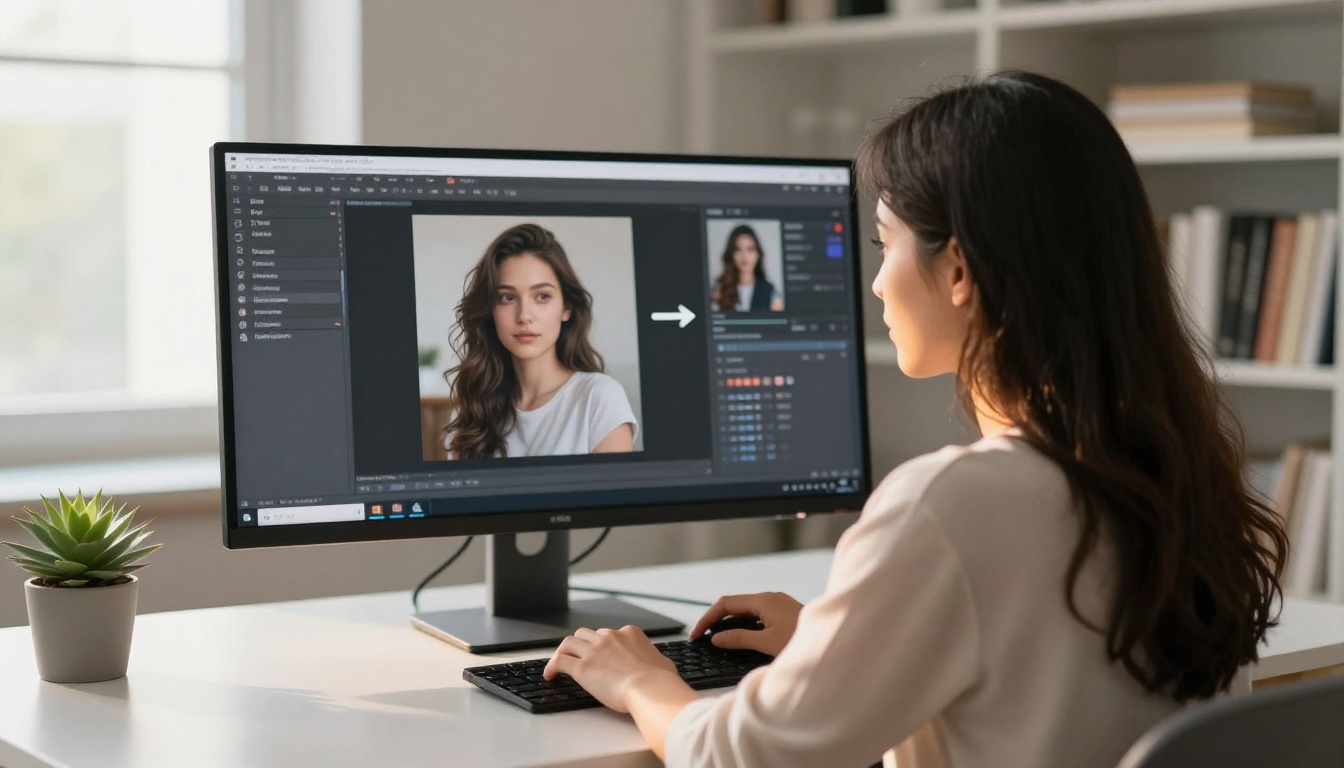 Woman studying face swap interface on monitor Woman studying face swap interface on monitor