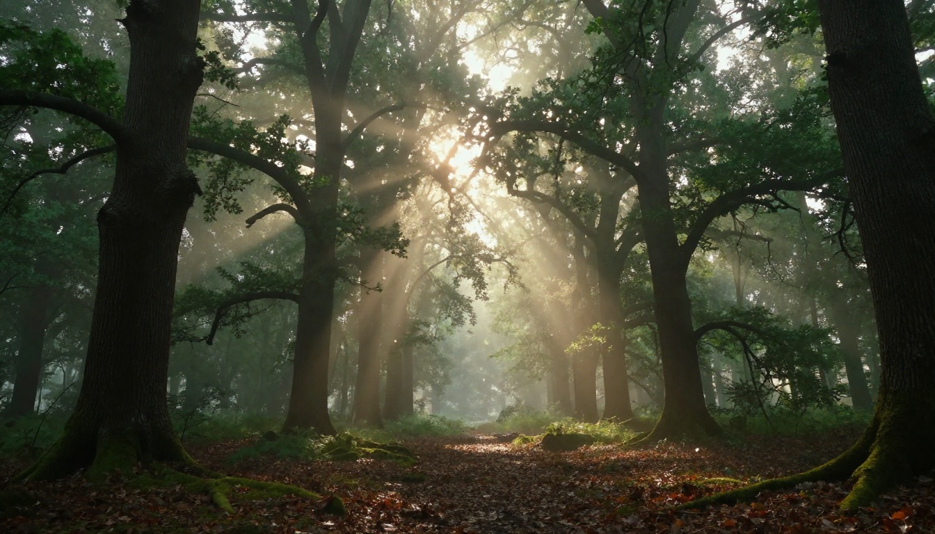 Volumetric light rays through morning forest with mist and dust particles