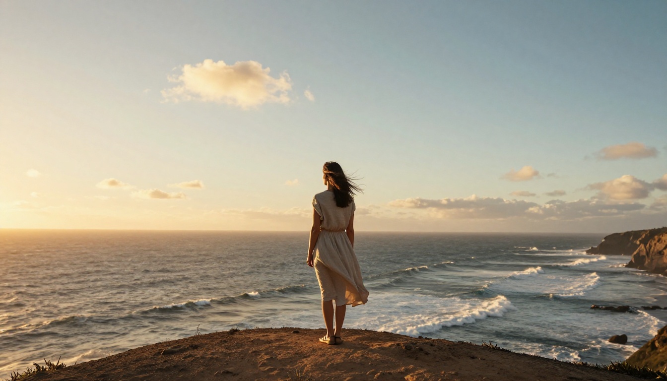 Wide cinematic establishing shot of a woman at cliff edge overlooking golden-hour ocean