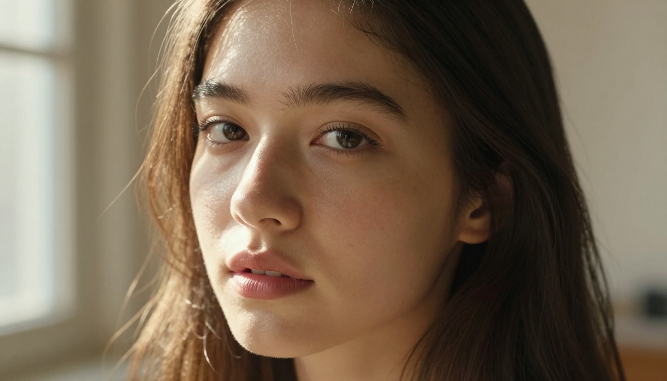 Close-up portrait with natural window light, visible skin texture and bokeh