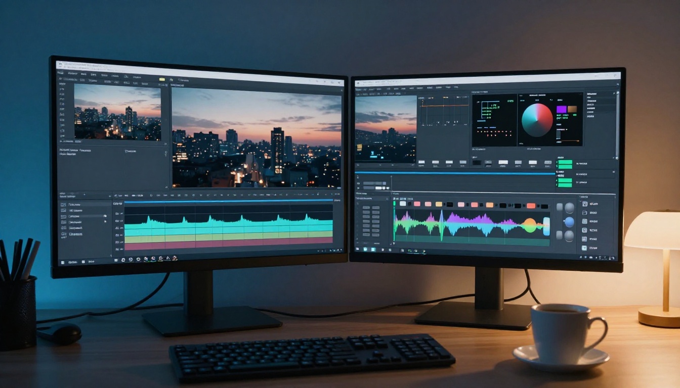 Video editor at dual monitor setup with color grading panel