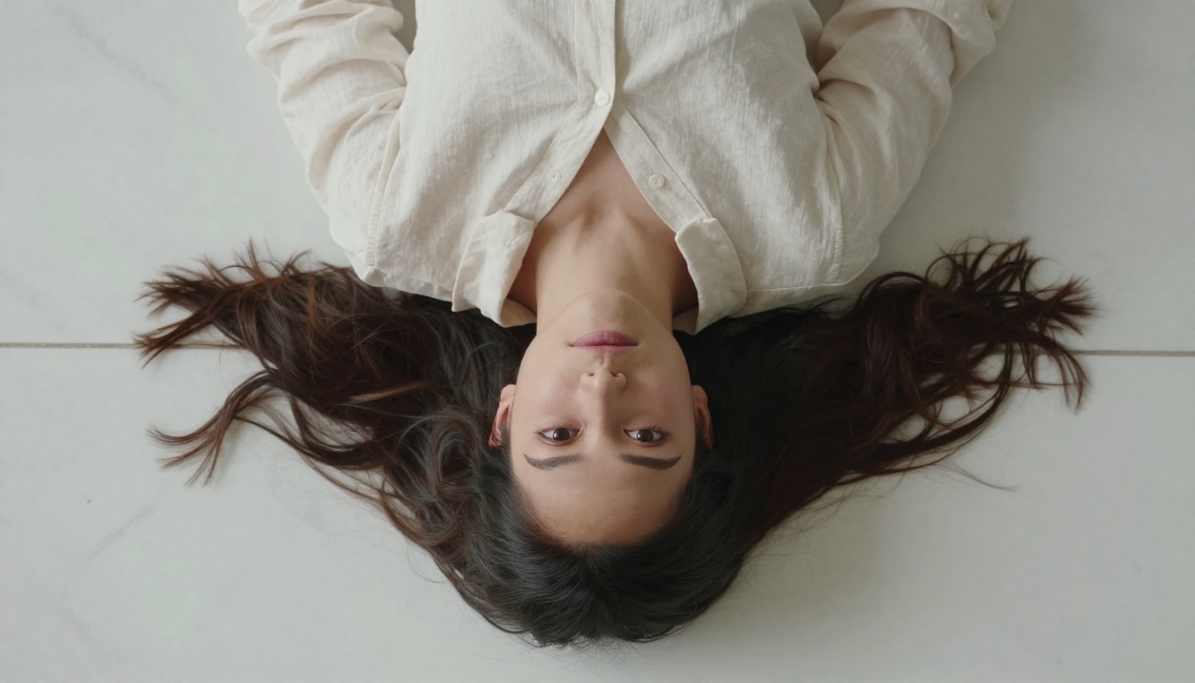 Aerial overhead view of woman representing face detection from above Aerial overhead view of woman representing face detection from above
