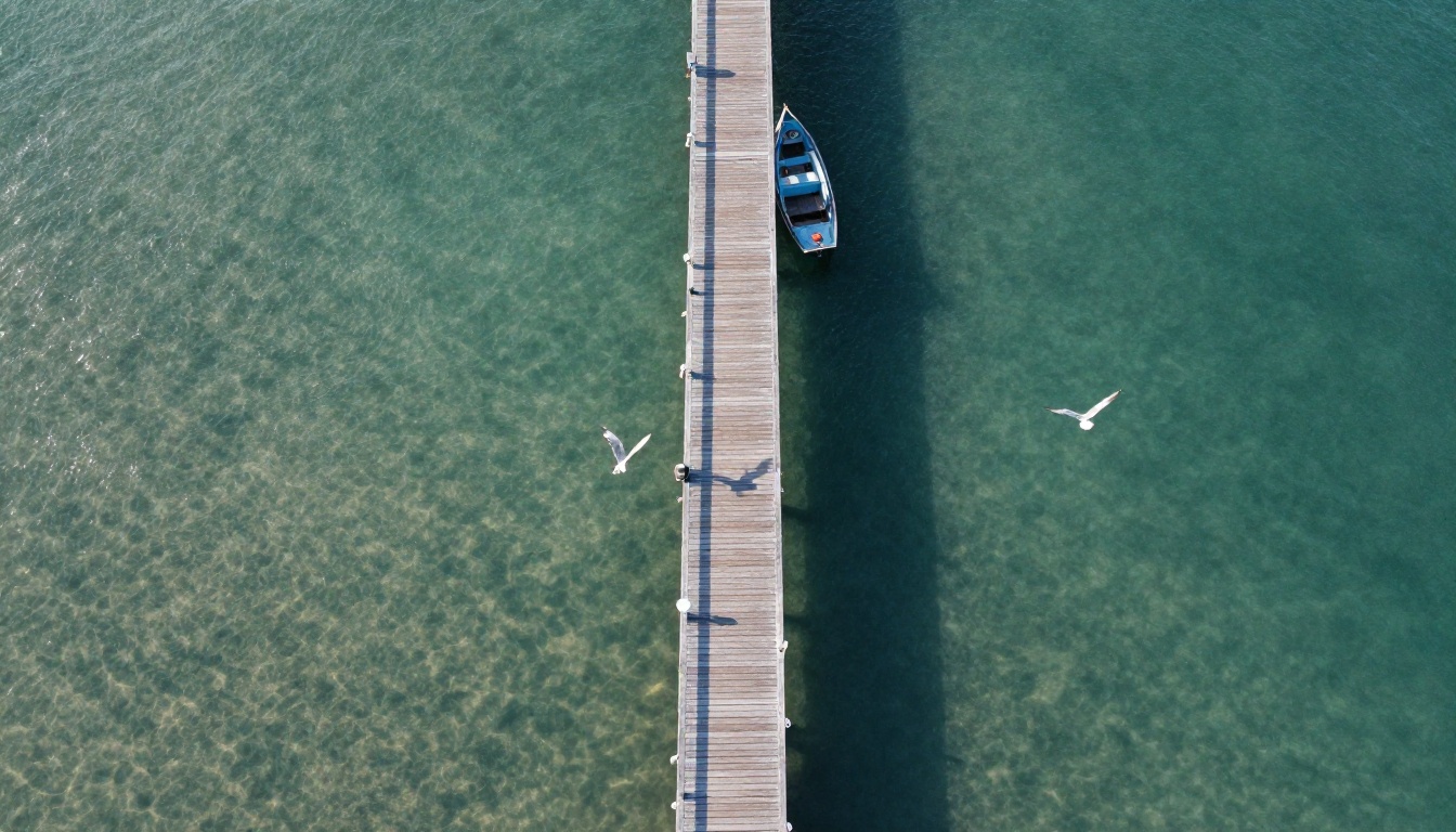 Aerial top-down view of wooden pier extending into turquoise ocean water