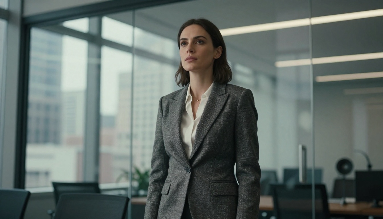 Woman in blazer with natural window lighting showing precise skin texture