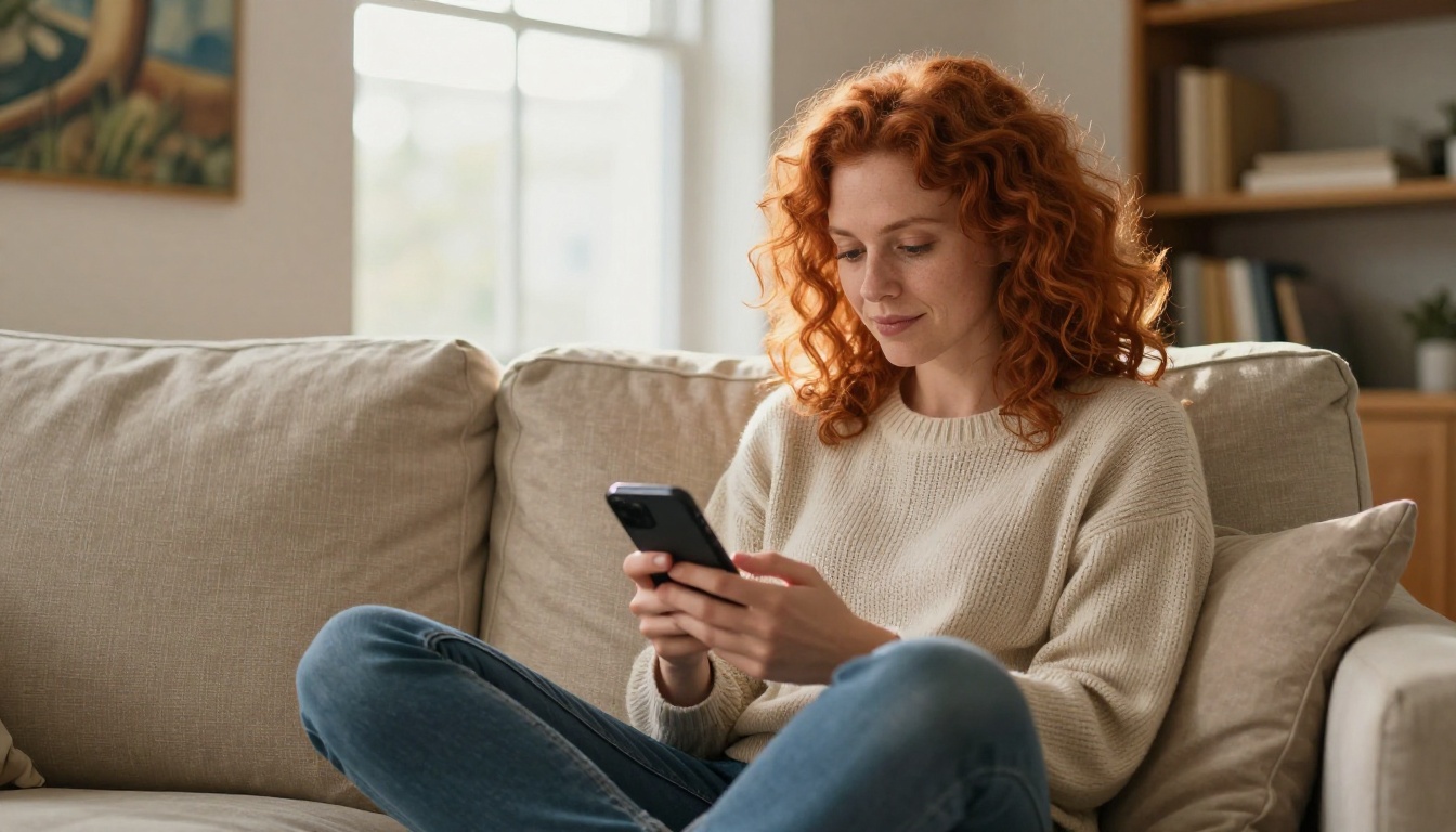 Woman with red curly hair on sofa using smartphone with AI tools