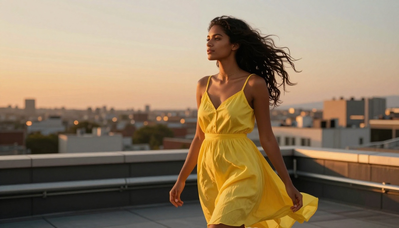Woman in yellow dress on rooftop at golden hour, photorealistic portrait example