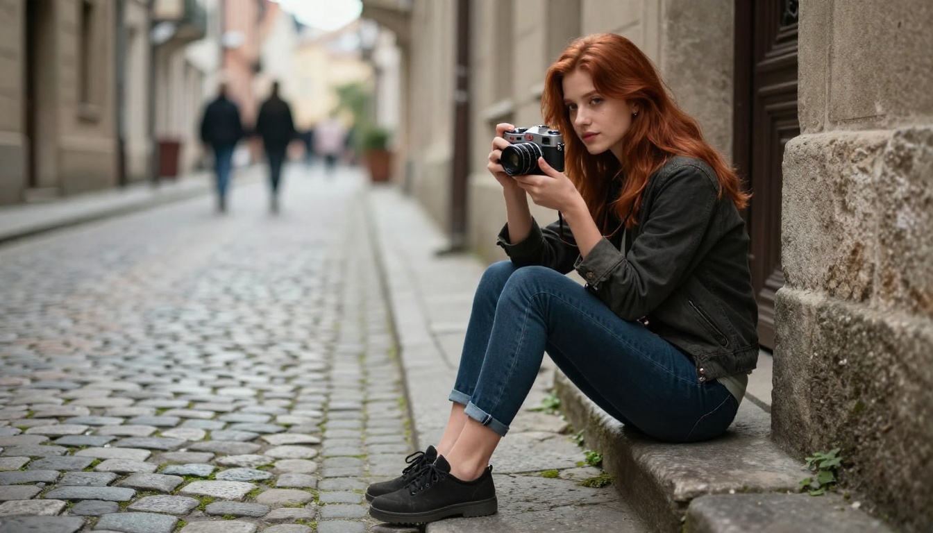 Young woman with film camera sitting on European cobblestone street steps, the scene mid-moment
