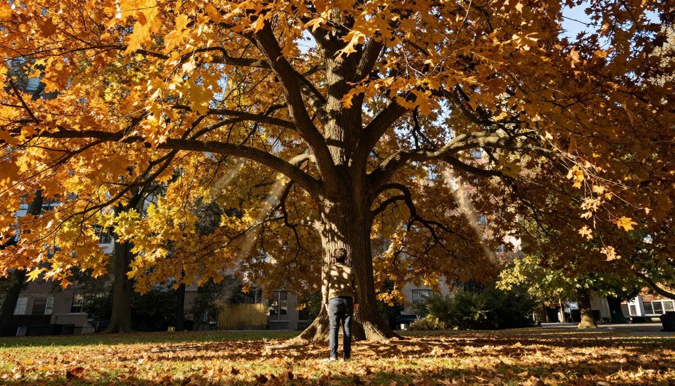 Young man looking up into an autumn tree canopy, sunlight breaking through golden leaves