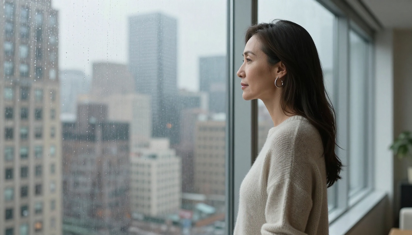 Elegant woman standing by a rain-covered window, city skyline soft in the background