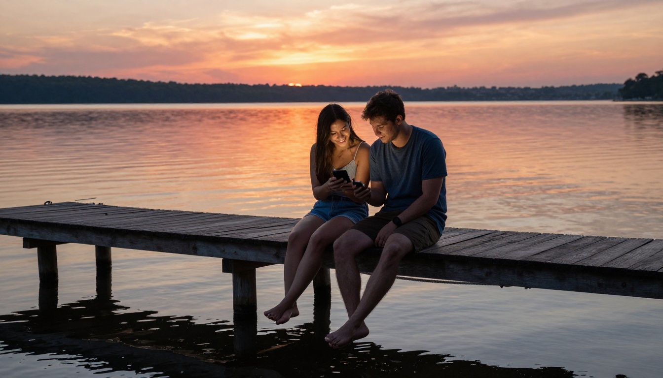 Two friends on a wooden dock at sunset over a calm lake, sharing a phone screen with genuine smiles