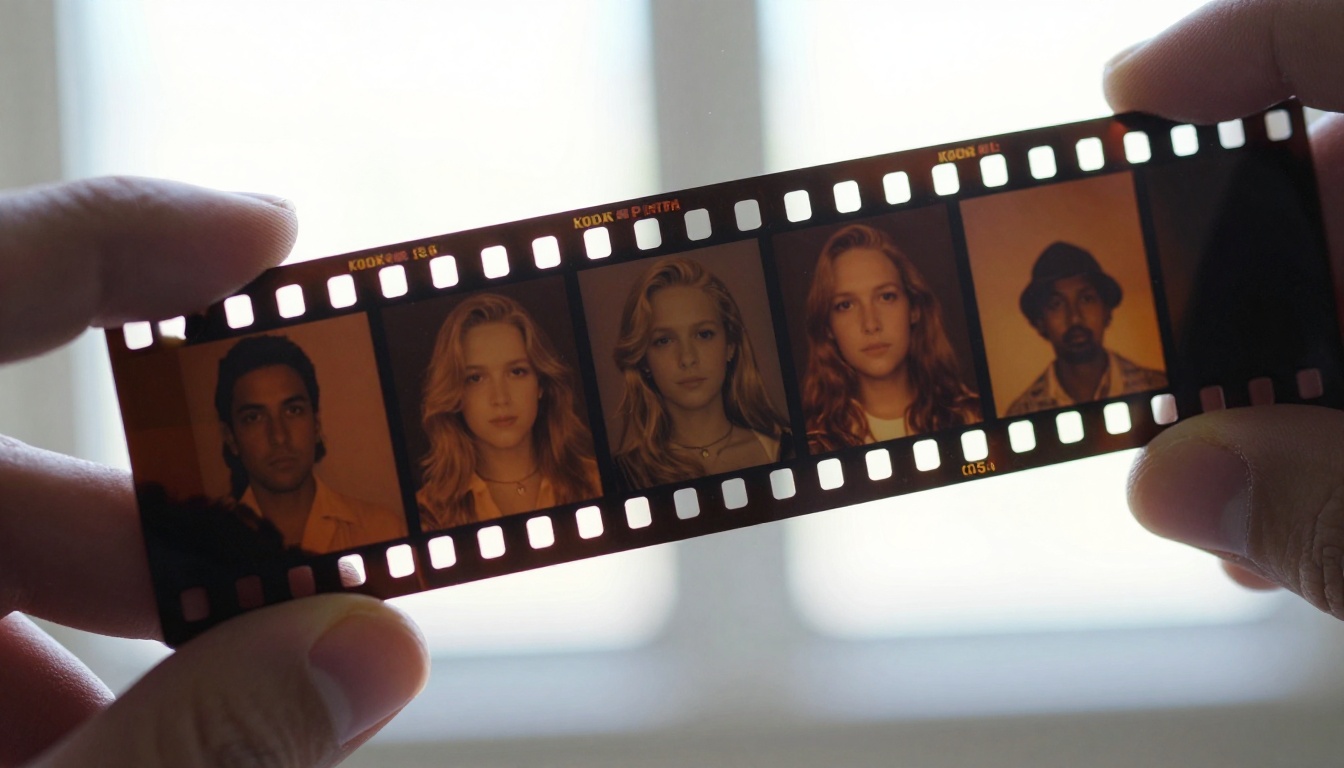 Close-up of a 35mm film strip held against bright window light, each frame a frozen moment