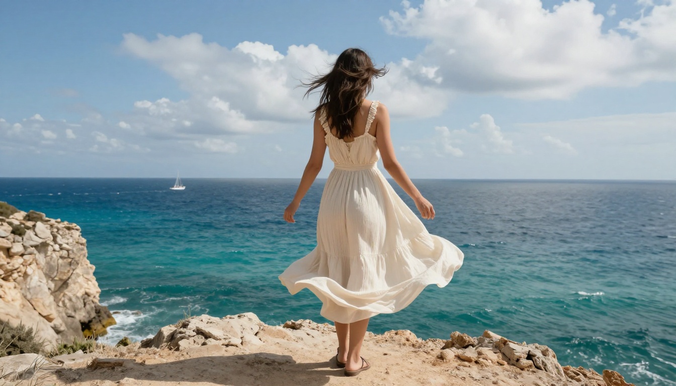 Young woman in a cream dress standing on a Mediterranean clifftop, dress and hair caught mid-billow in the coastal wind