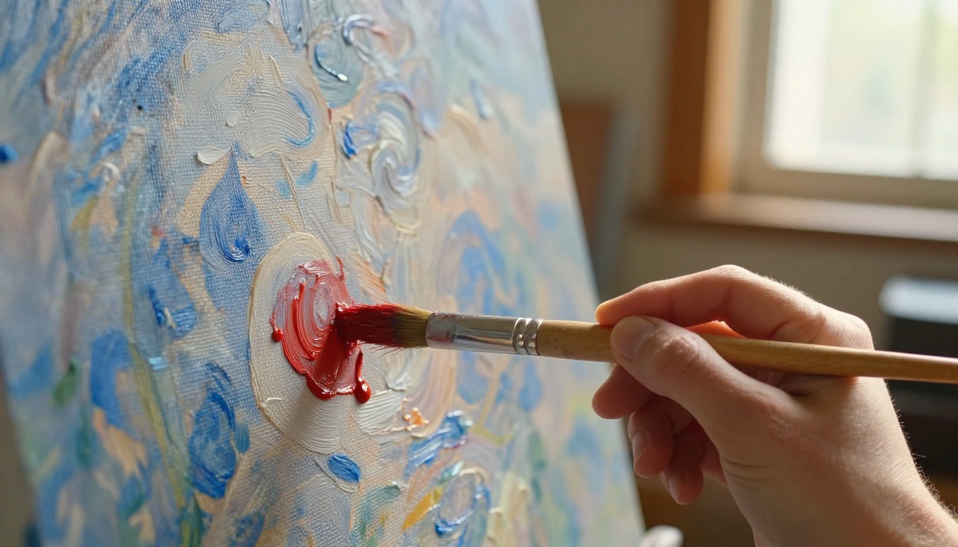 A close-up of a paintbrush touching wet impasto oil paint on canvas, warm studio light from the right, macro photography