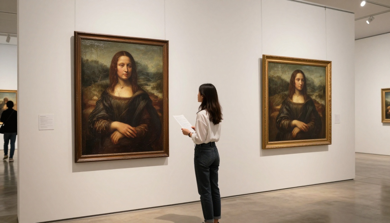 A woman studies two paintings in a modern gallery, comparing original and AI-generated versions under track lighting