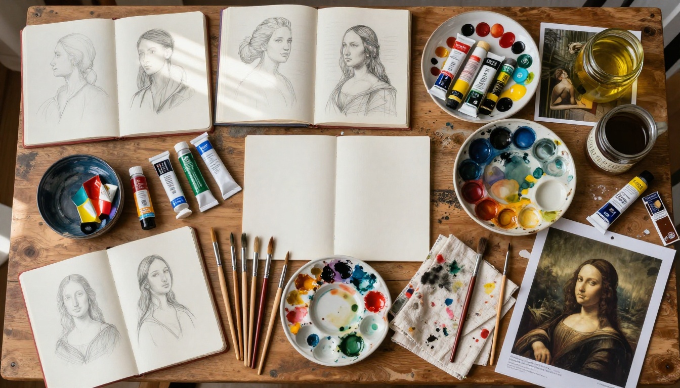 Overhead flat-lay of an artist's worktable with open sketchbooks, paint tubes, brushes, and palette in natural light