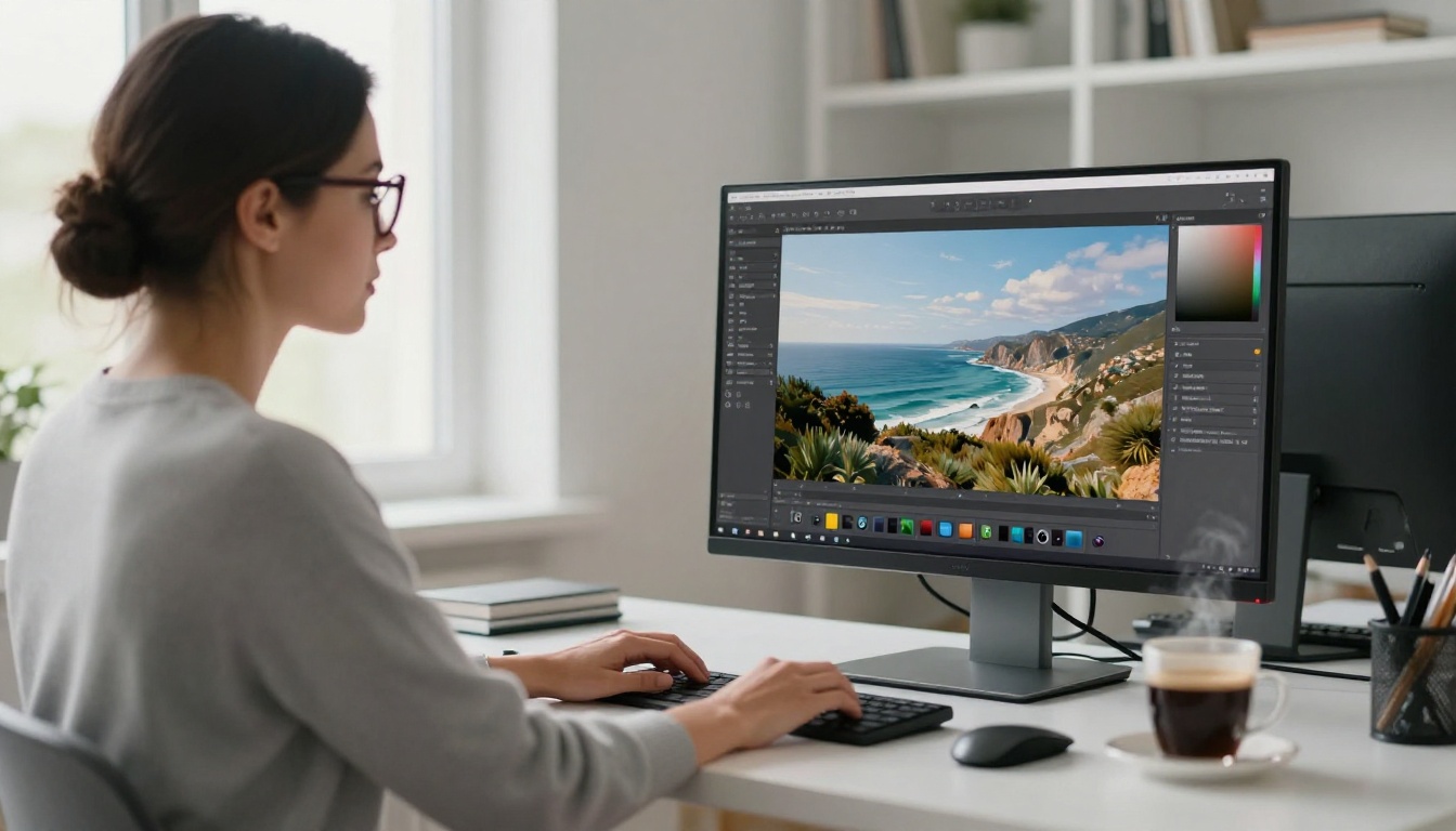 A woman at a bright home office desk compares original and processed versions of a landscape photo on dual monitors