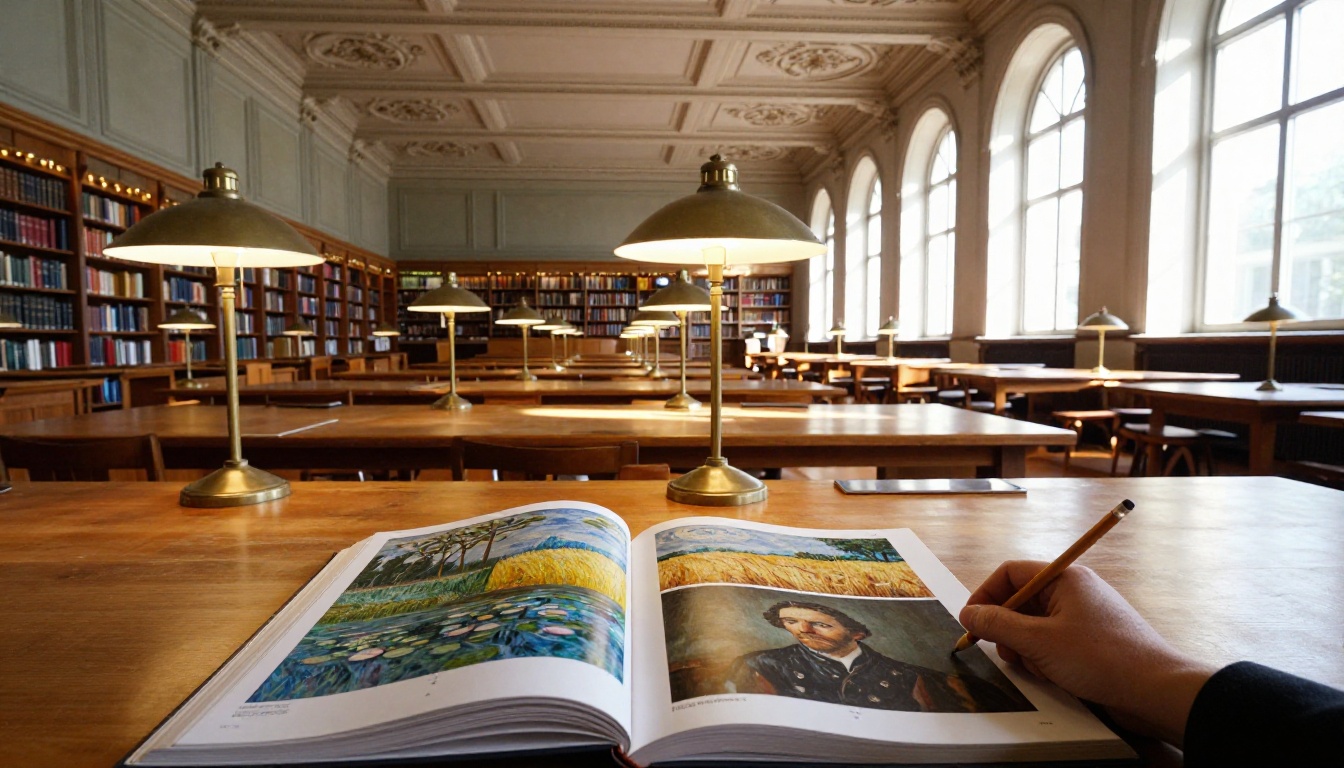 An open art history textbook on a library table showing Monet, Van Gogh, and Rembrandt reproductions in warm shaft of sunlight