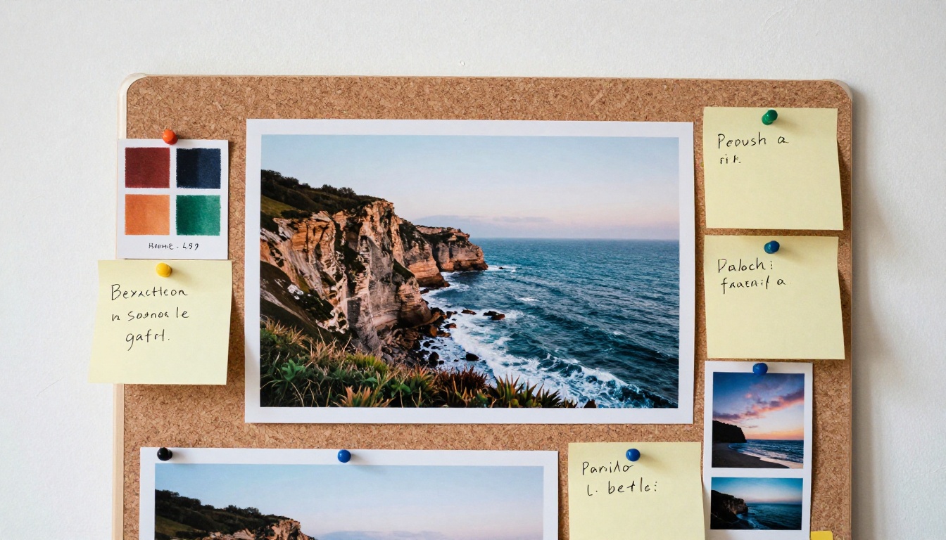 A mood board pinned to a cork wall with printed photographs, color swatches, and painted style reference prints in soft natural light