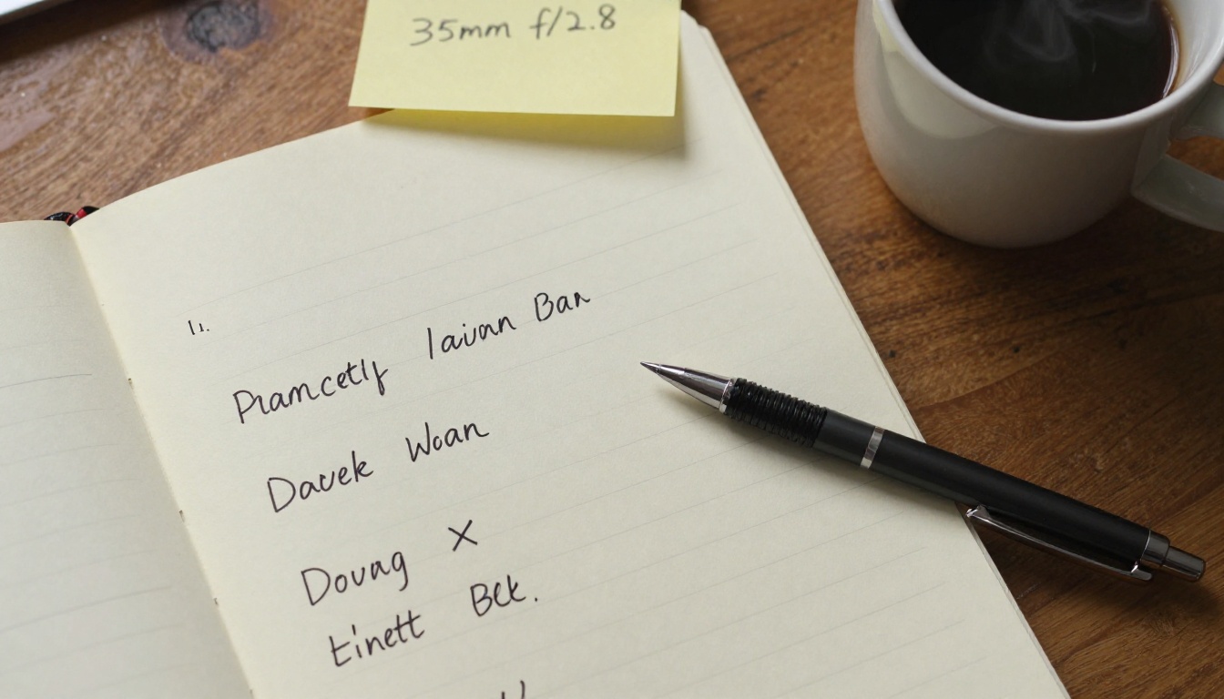 A photographer planning prompts on a notepad with handwritten notes and sticky notes