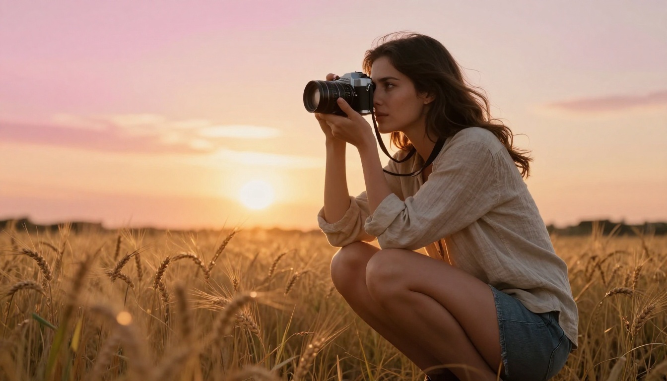 Woman photographer crouching in a wheat field at golden hour with film camera