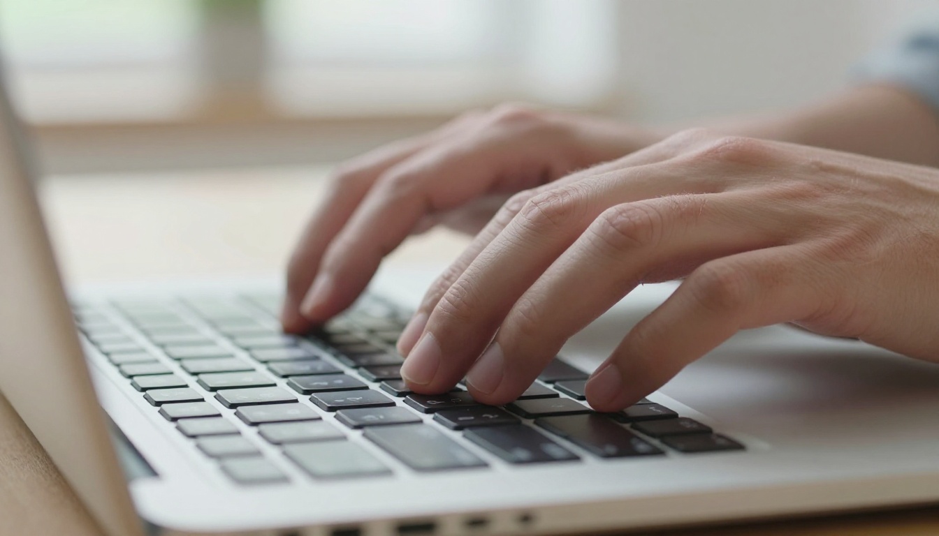 Close-up of hands typing precisely on a laptop keyboard in a bright Scandinavian office