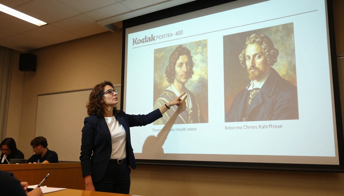 A female art professor lectures in front of a projected comparison of two portrait paintings in different styles in a university hall